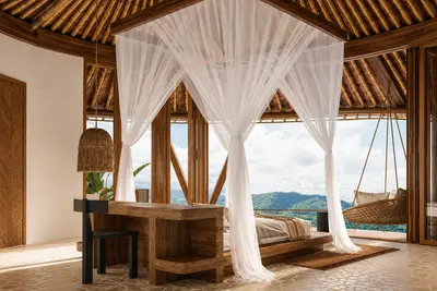 Render of a canopied bed in a bamboo pavilion open to the Sidemen Valley at Adab Sidemen