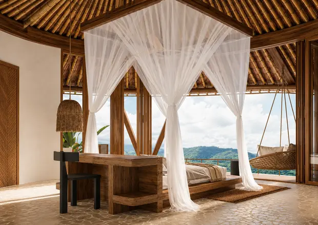 Render of a canopied bed in a bamboo pavilion open to the Sidemen Valley at Adab Sidemen