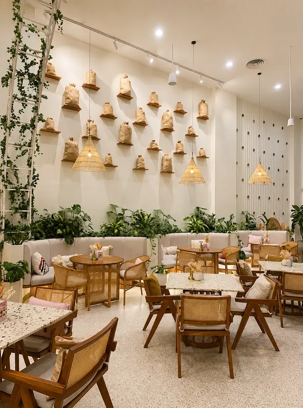 A wall of woven pendant shades above cane chairs and marble tables at Al Liwan